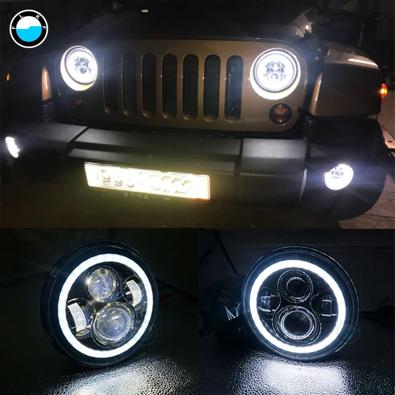 7 дюймов круглые светодиодные фары 40 Вт H4 лампа с угловыми глазами для Jeep Wrangler JK LJ