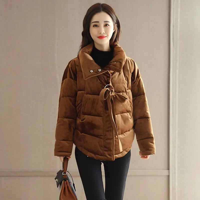 Caramel colour Зимняя теплая верхняя одежда женская парка Толстая Вельветовая пуховая куртка модный бант стоячий воротник короткий белый пуховик женский 349 - Цвет: Caramel colour