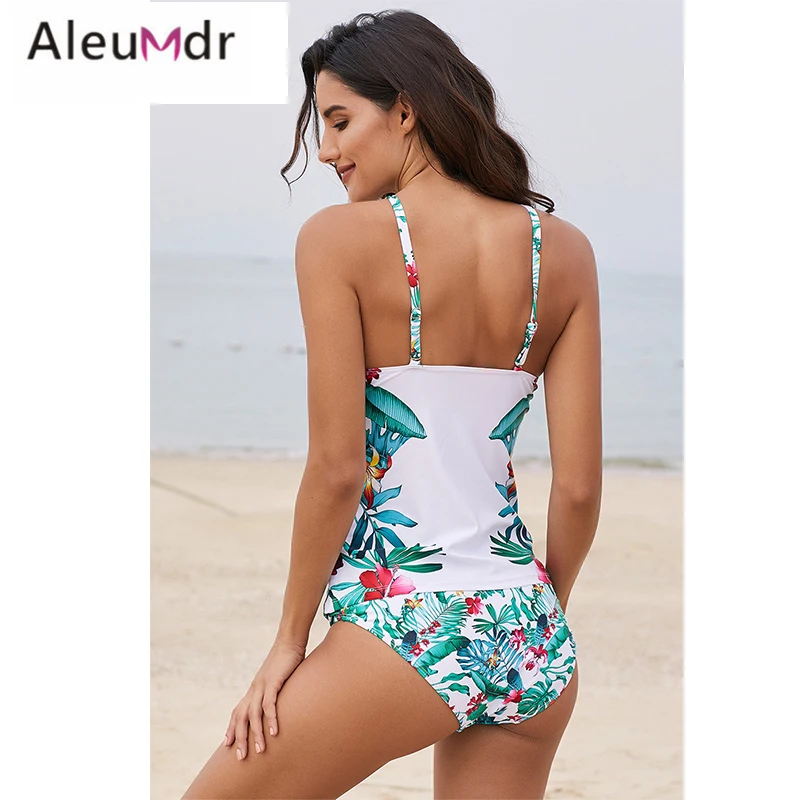 Aleumdr Купальники Белый лист и Цветочный принт Ruched Tankini Установить Два Купальник