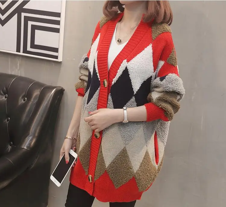 2019 New Women Batwing Cardigans Loose Sweater Big Size Geometric Poncho Cardigan V neck Open Stitch Christmas |