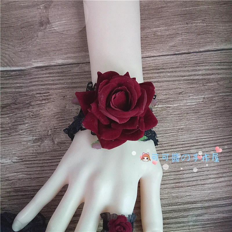 A pair tubas sleeve Высокое качество японский темный готический Лолита рука манжеты обруч для волос с Лолита головной убор винно-красные розы гей шляпа cos аксессуары для волос - Цвет: A pair tubas sleeve