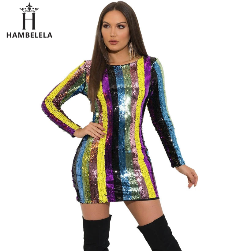 Фото HAMBELELA 2020 весенние женские сексуальные платья с блестками Полосатое Бандажное