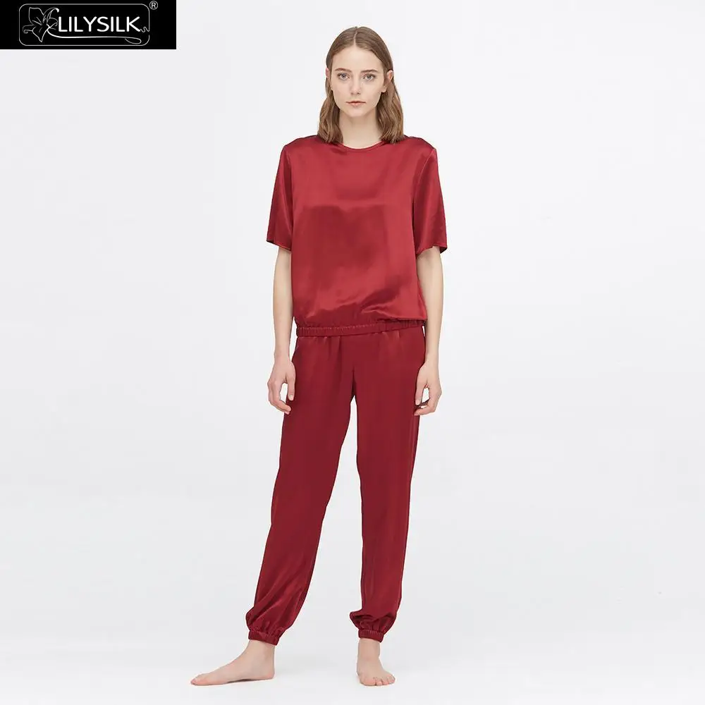Claret LilySilk шелковые пижамы набор 22 Momme с коротким рукавом Роскошные пижамы новые женские - Цвет: Claret