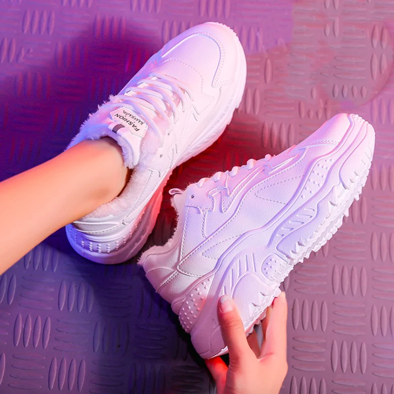 

Women Sneakers New Fashion PU Leather Women Casual Shoes Winter Lace-Up Flats Platform Warm Plush Fashion Women Shoes