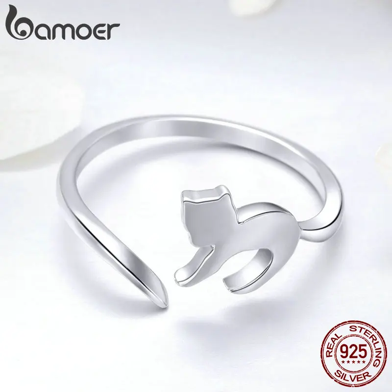 BAMOER, 925 пробы, серебряное, очаровательное, кошачье, длинный хвост, на палец, кольца для женщин, регулируемый размер, для свадьбы, помолвки, ювелирное изделие, подарок SCR420