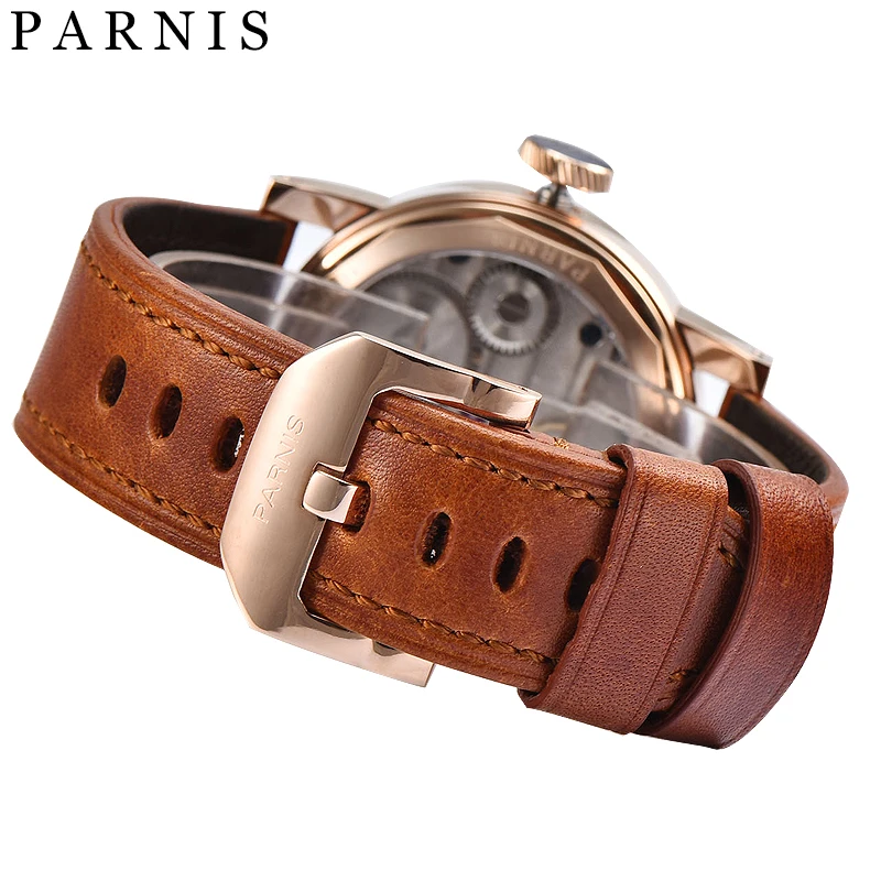 

43mm Parnis Hand Wind Mechanical Watch Men 100M Dive Swim Hand Winding Mechanical Watches Sapphire Luminous Leather Design