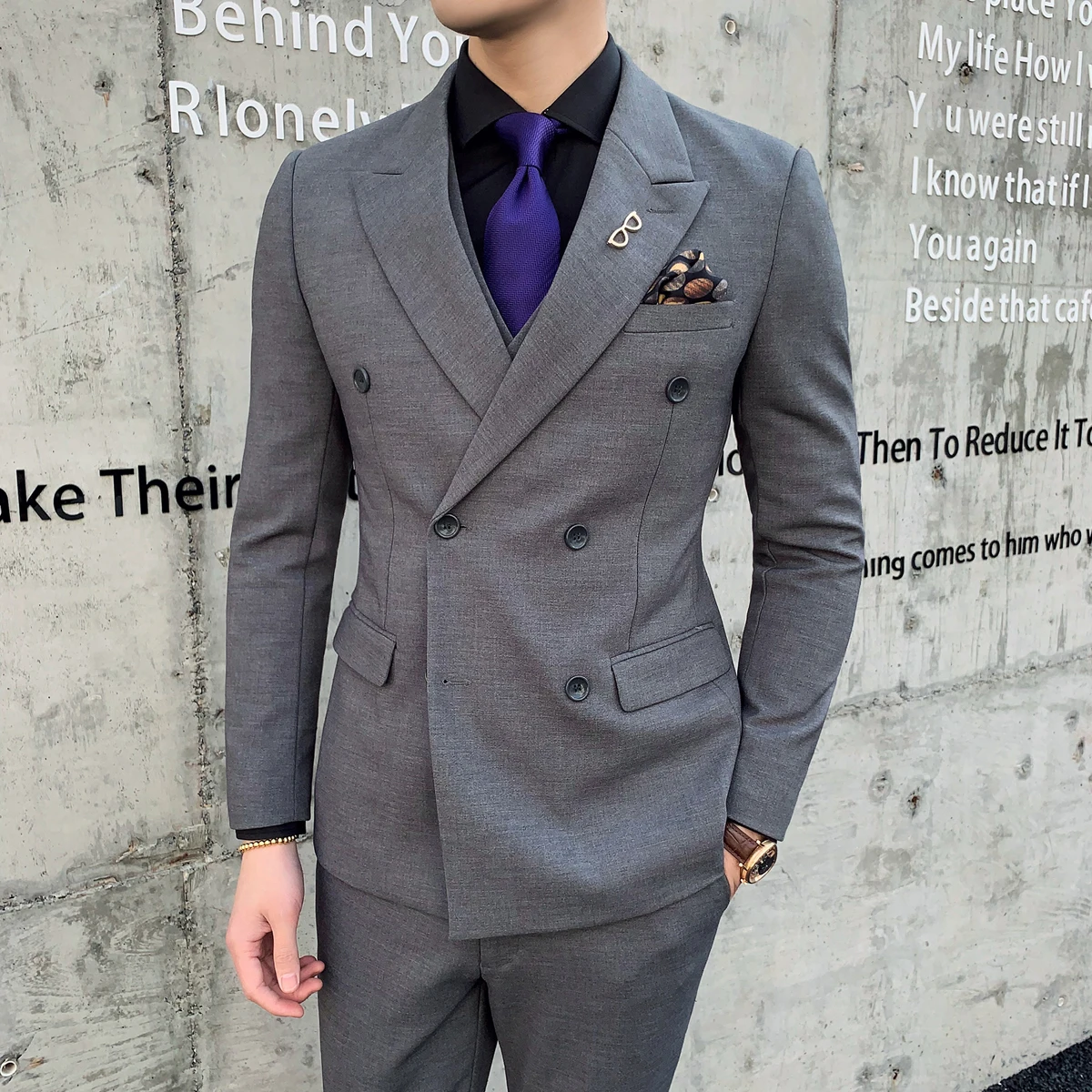 

Jackets+Vest+Pants Suits Double-breasted Groom Wedding Dress Formal Suits Set High Quality Men Boutique Wool Casual Business