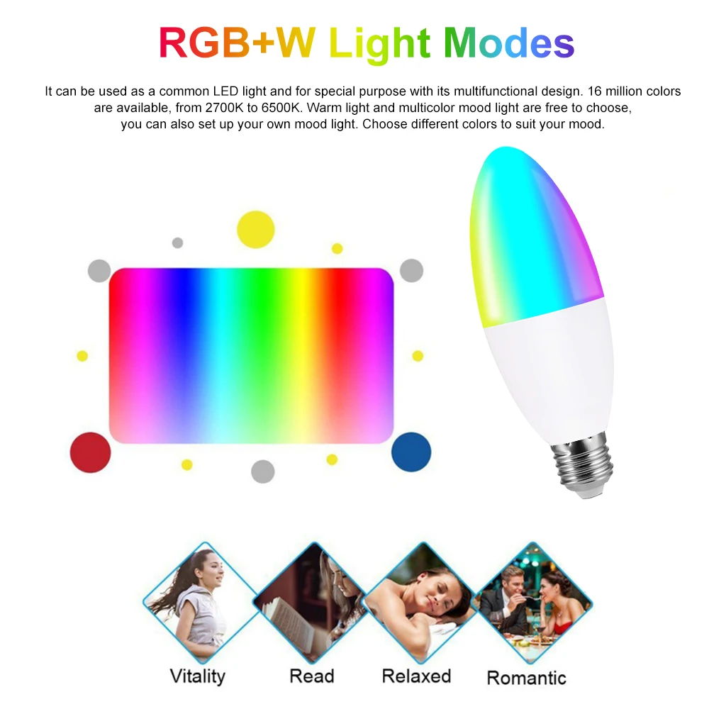 Умная Светодиодная лампа с Wi Fi RGB + W светодиодная свеча 6 Вт регулируемой яркостью