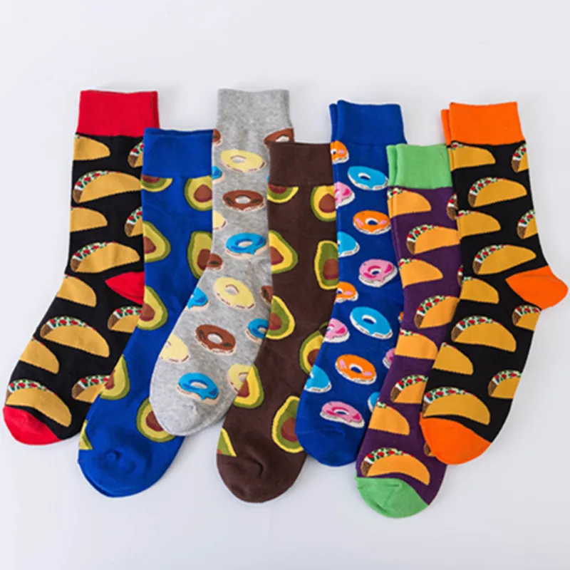 

2018 Colorful Men Combed Cotton Socks doughnut Food series Pattern Casual Crew Socks Happy Party Dress Crazy Socks Chaussettes