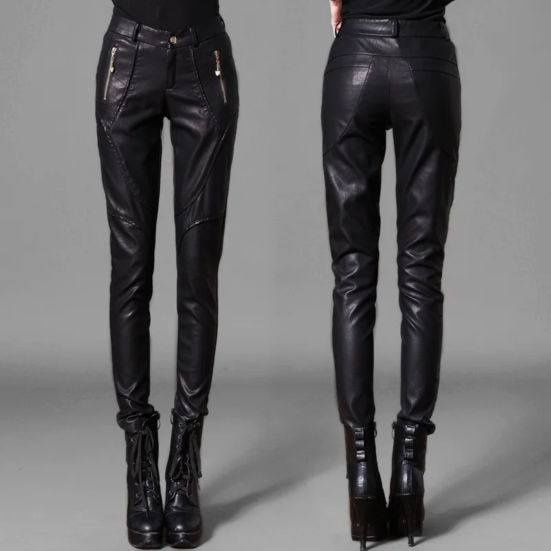 Hot 2021 Women Fashion Spring Harem Pants Trousers Slim Patchwork Skinny Pants Motorcycle Leather Pants Singer Costumes Clothing