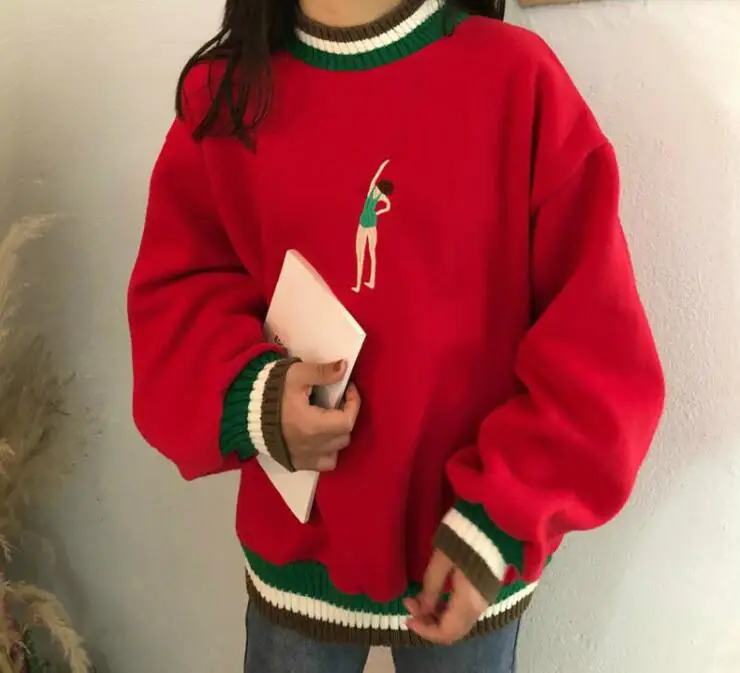 

Spring Women pullover hit color round neck loose Embroidery t-shirt