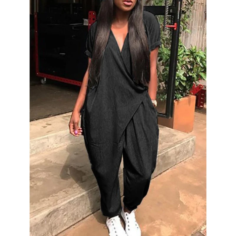 Повседневные свободные женские комбинезоны 2018 летние модные с перекрестной