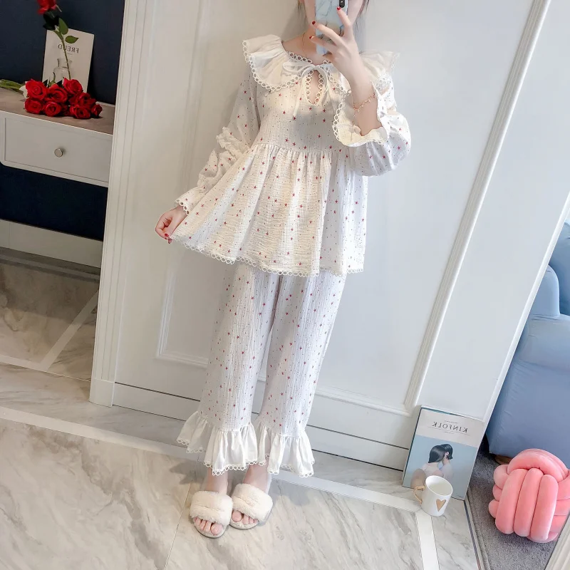 Милые пижамы принцессы в стиле Лолиты; сезон осень; Красивая кружевная пижама с длинными рукавами и брюками в виде листьев лотоса; пижамы в Корейском стиле; MHH NK110