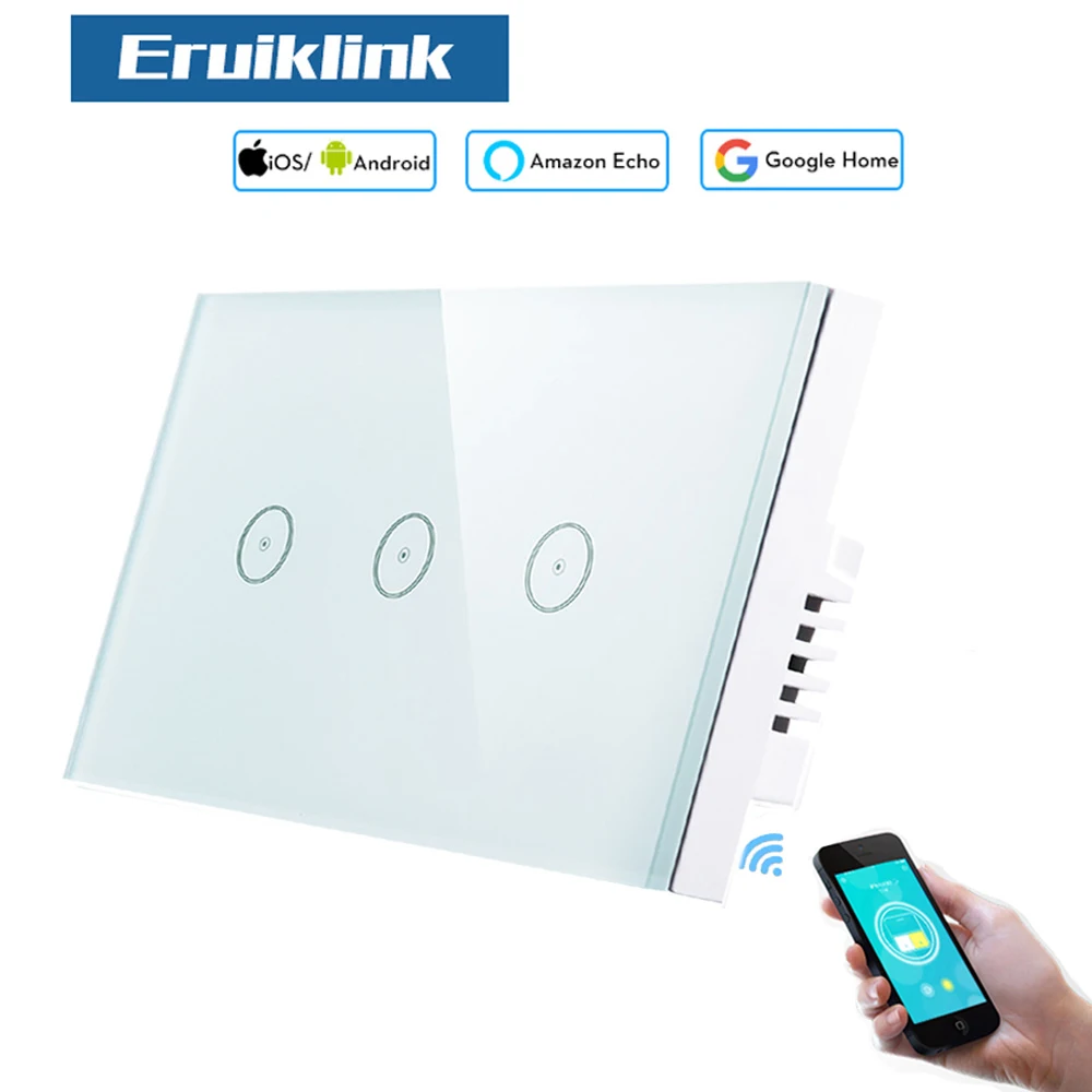 Eruiklink Smart Wi-Fi выключатель света, стеклянная панель 3 gang US сенсорный выключатель света 240 В~ 110 В, работа с Alexa и Google Home