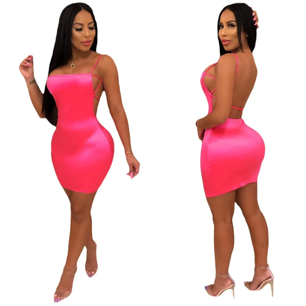Echoine Sexy Spaghetti Straps Solid Color Low Cut Dress Bandage Backless Bodycon Clubwear Outfits Summer Ladies 2019 | Женская одежда