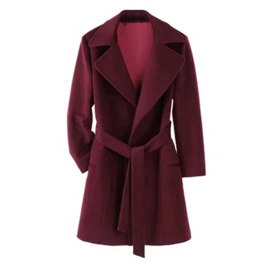 Wine red Savabien, женские пальто и куртки, зимние, одноцветные, с длинным рукавом, с отворотом, с поясом, шерстяное пальто, винно-красное, тонкое, элегантное, Женское пальто, полушерстяное - Цвет: Wine red
