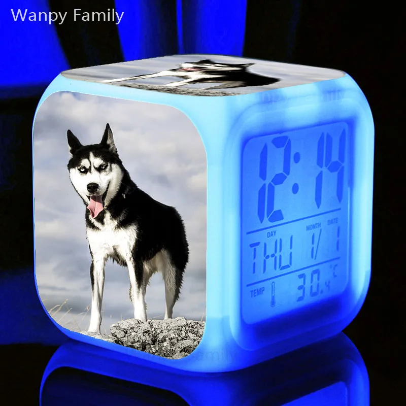 Очень милые часы Husky dog светодиодный Будильник 7 цветов электронный цифровой