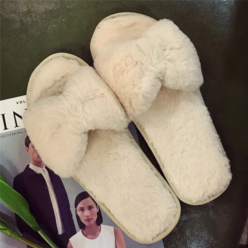 2019 Winter Women's Bow Warm Plush Fur Slippers Female Flat Soft Sliders Home Floor Indoor Bedroom Shoes #40 | Обувь