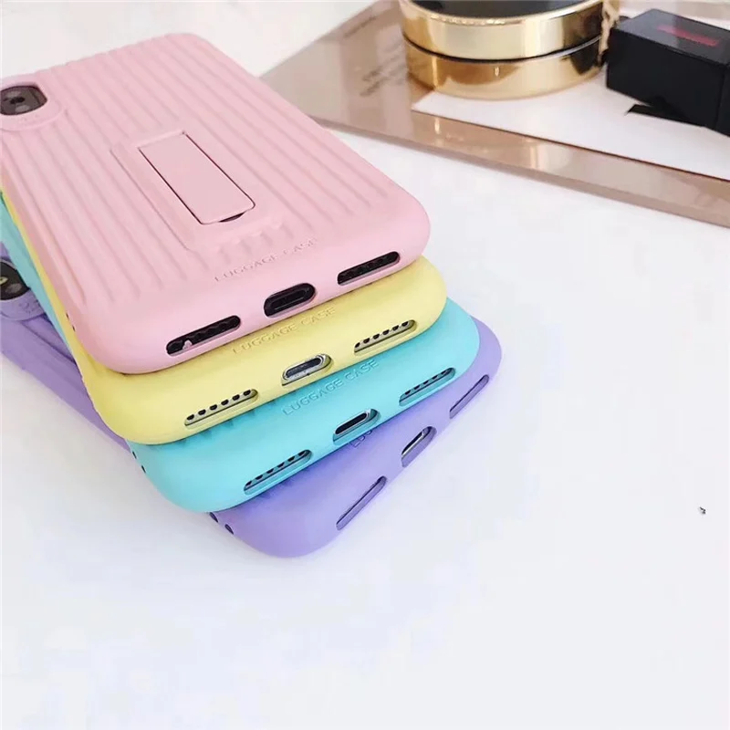 For iphone 6s 6 X XS 7 8 Plus Candy Color Suitcase Silicon Kickstand Phone Cases Case Hide Stand Holder Cover Coque |