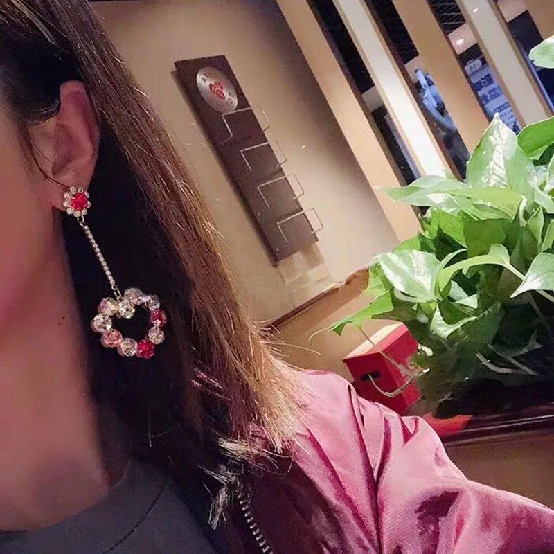 Корейские серьги в форме сердца разноцветные стразы серьги-подвески