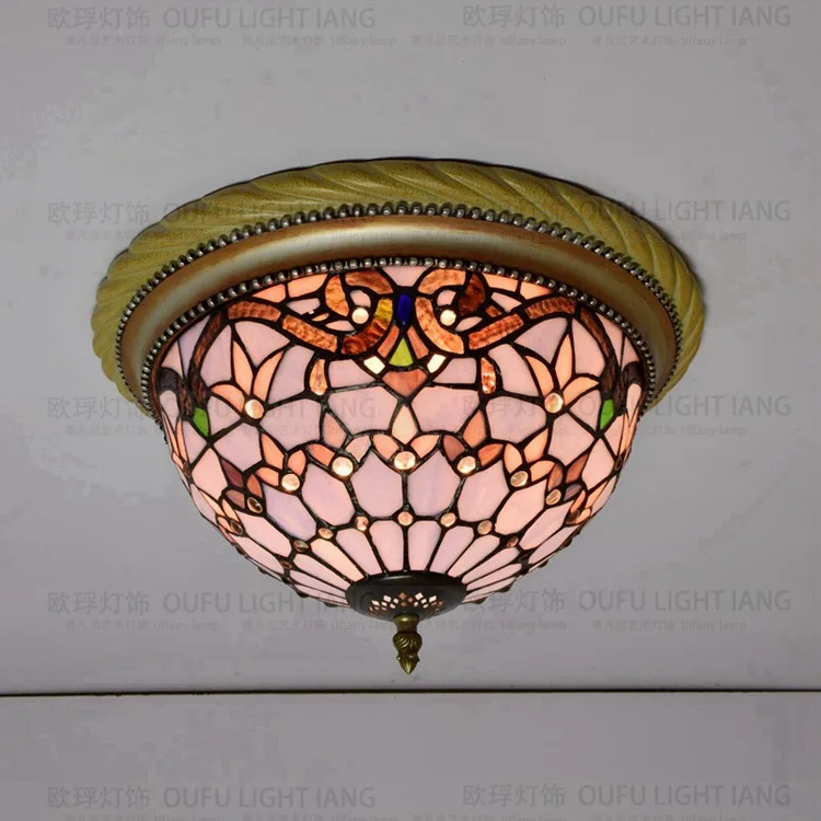 

European Baroque 38cm LED E27 110-240V Pastoral Ceiling Light Tiffany Round Glass Lampshade lamparas de techo abajur