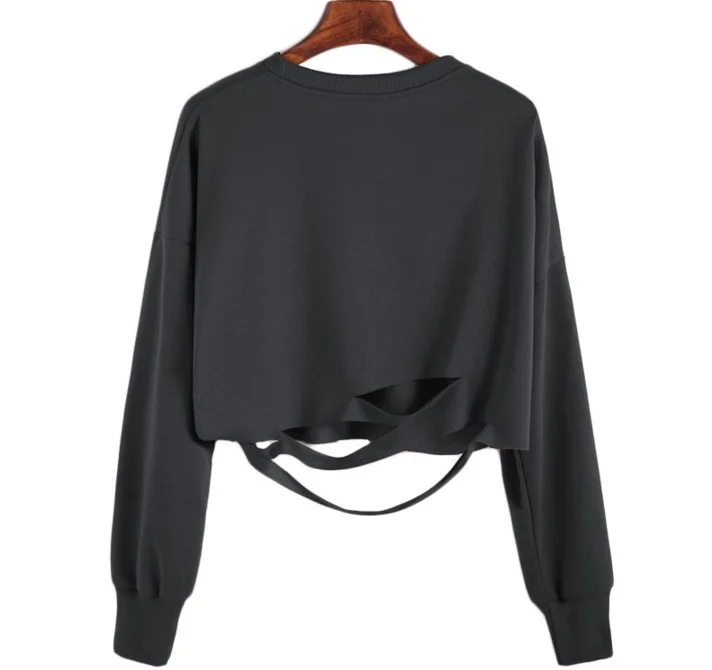 2017 Autumn Winter Women Casual Long-Sleeve Top Ladies Fashion Burn-out Ripped Sweatshirt Solid Color | Женская одежда