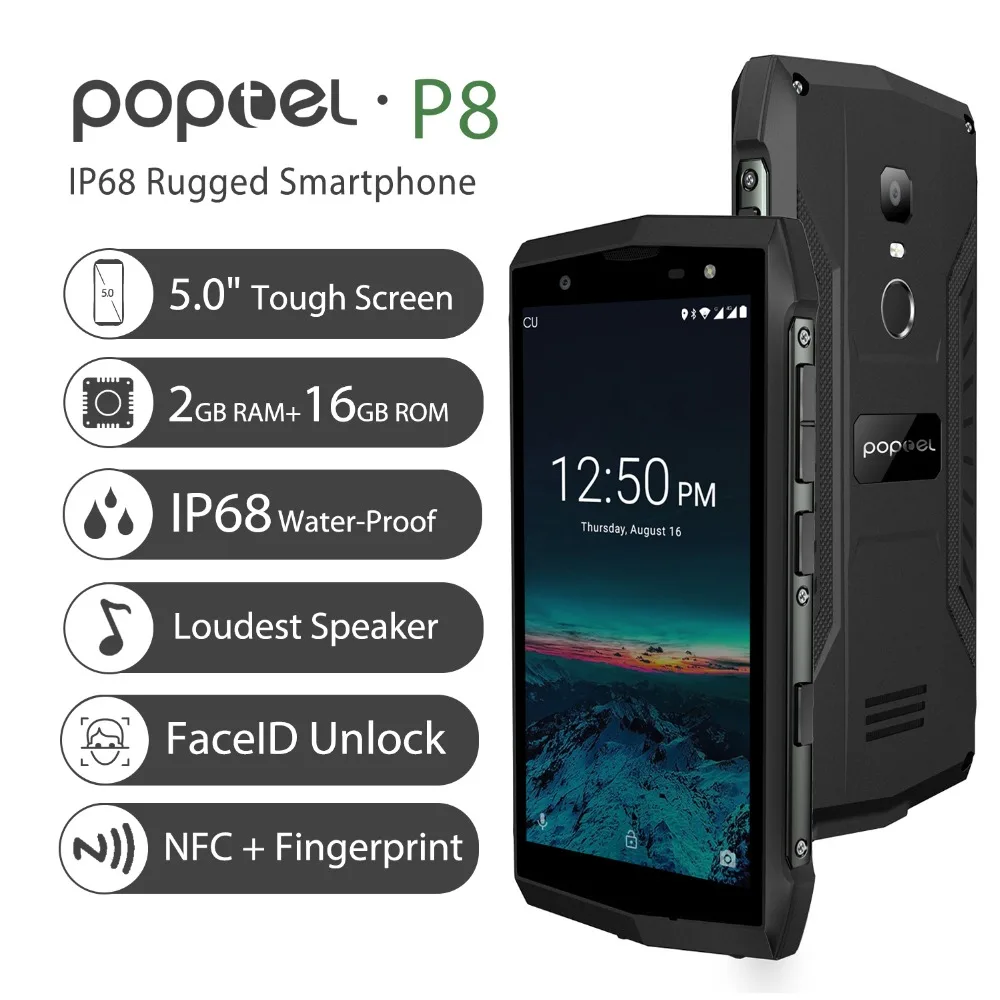 POPTEL P8 смартфон IP68 Водонепроницаемый Android 8 1 5 0 &quotMTK6739 4 ядра 3750 мАч 2 ГБ + 16 Гб 8MP Face ID