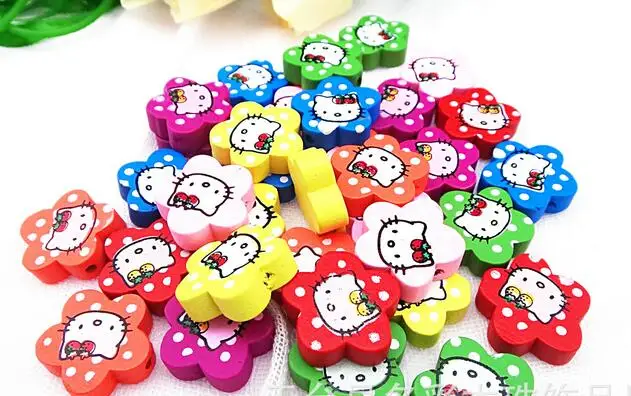 500 шт./лот 19 мм милые деревянные бусины в форме цветка hello kitty Cat для изготовления ювелирных изделий своими руками деревянные бусины детские ювелирные изделия