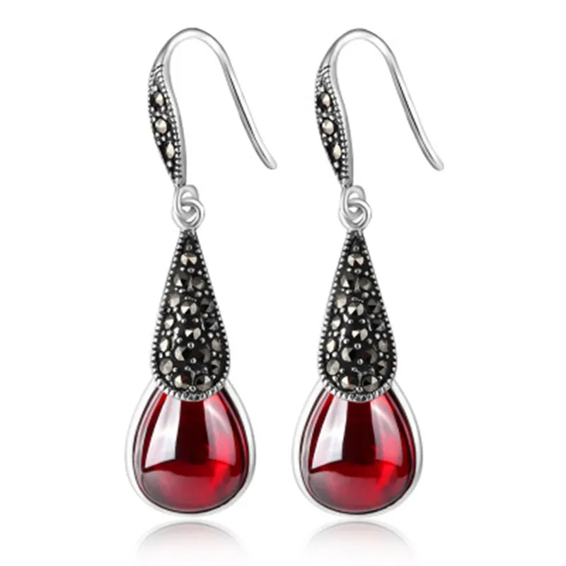 

BESTLYBUY винтажные Ретро Красные гранат Длинные висячие серьги 925 серебряные серьги ювелирные изделия для женщин Бесплатная доставка