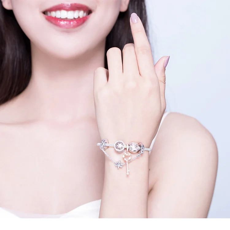 MOWIMO 925 пробы Серебряный Женский браслет и браслет Fit Blossom Цветок ключ бусины Подвески Украшения BKB824
