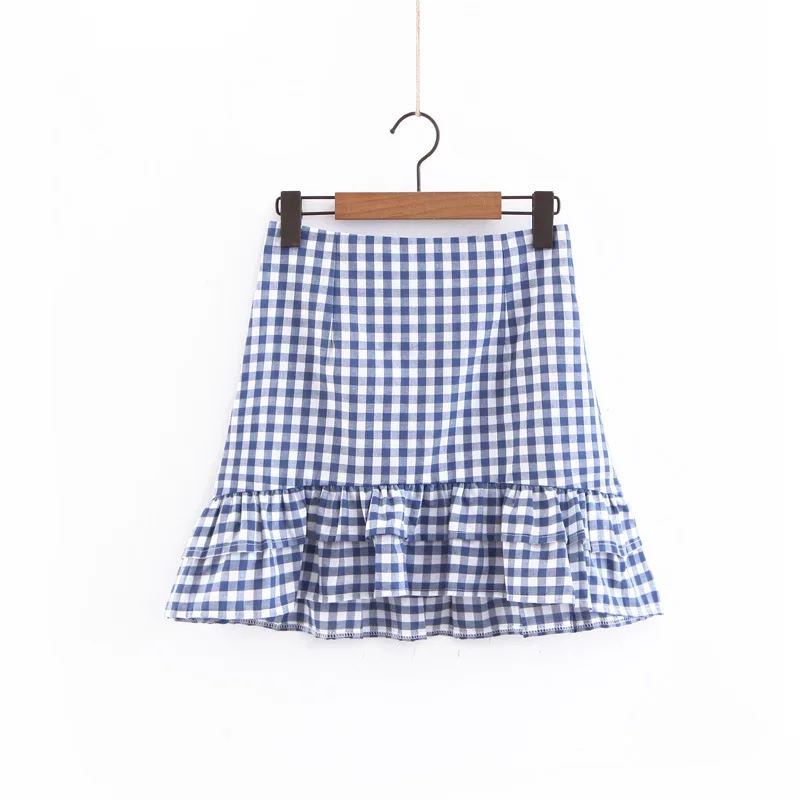 Tartan Blue Женщины Crop Top Tank Top С оборками Мини-юбка крест галстук случайные Обрезанные эластичные рукава