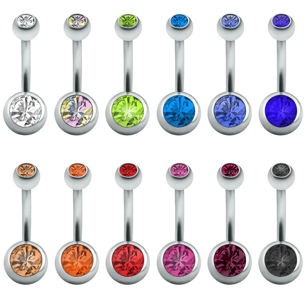 

ZS 12 Pcs Color Stainless Steel Body Jewelry Double Crystal Belly Navel Piercing Belly Button Ring Body Jewelry Ombligo Nombril