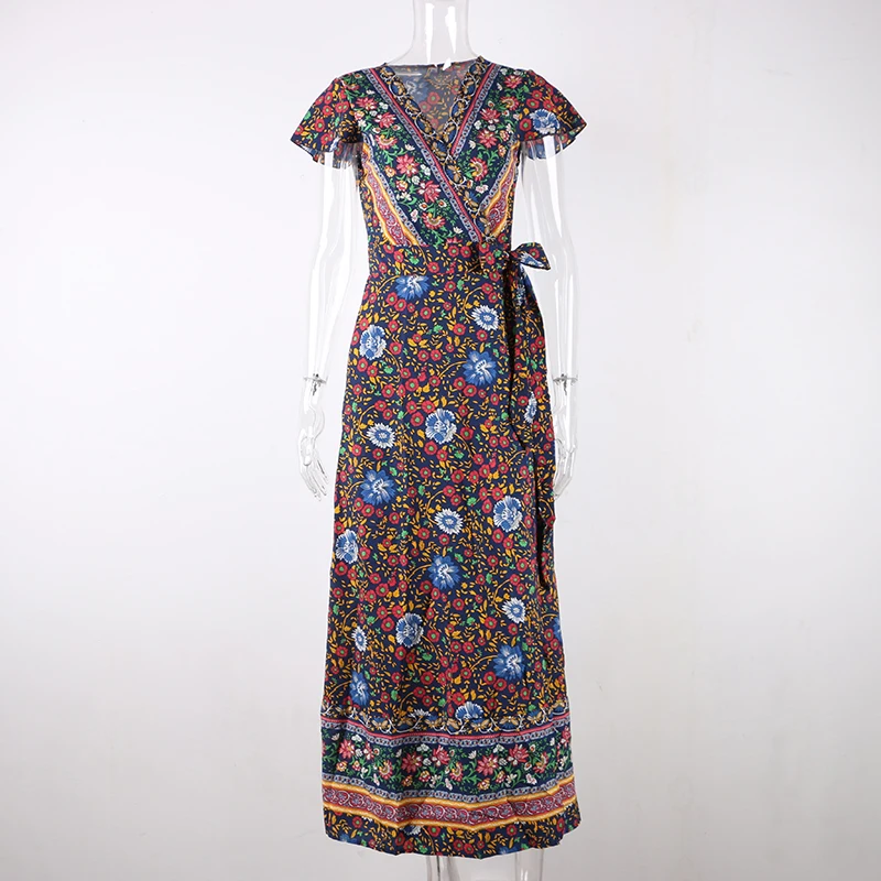 Nadafair Boho цветочное Макси Платье женское с v-образным вырезом сплит сексуальное летнее пляжное платье с коротким рукавом повседневное винтажное длинное платье с цветочным принтом