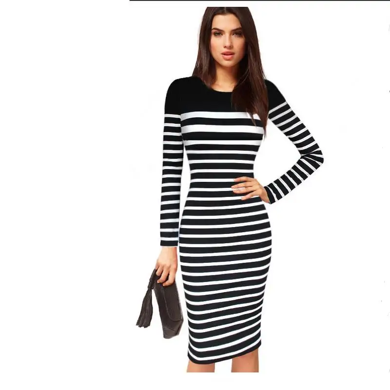 

Women 's round neck sexy professional women black and white stitching stripes long - sleeved elastic knee - length Slim dressG28