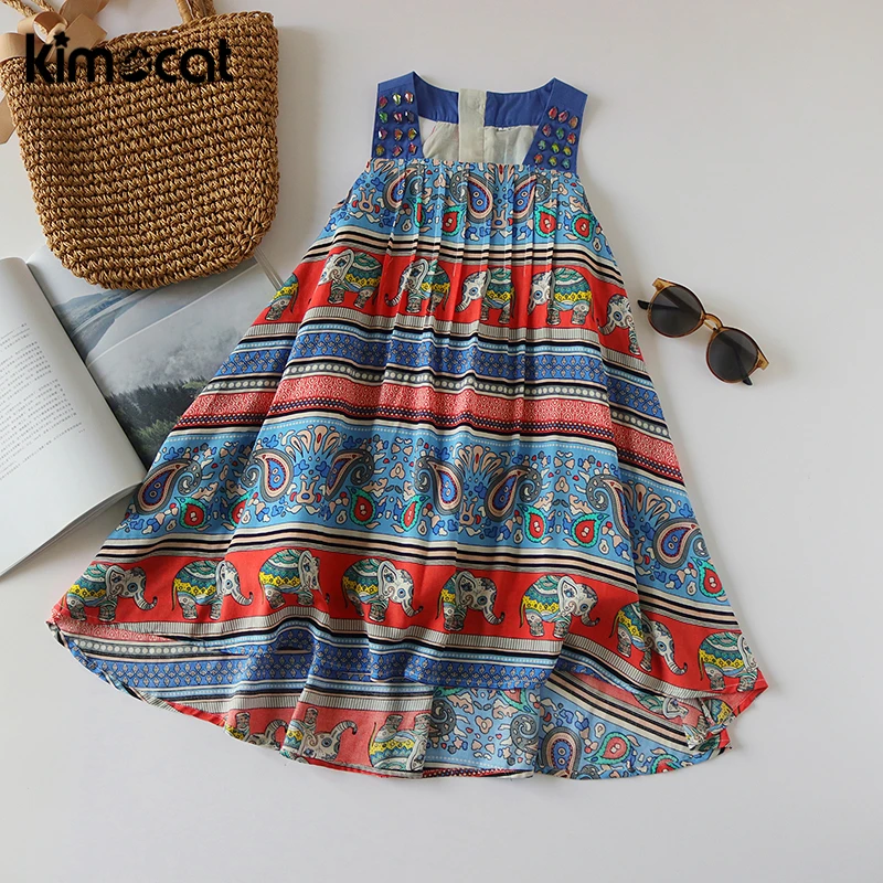 Kimocat Big Girl Fashion Printed Strap Dress Toddler Kids Dresses For Girls Princess Vestido Infantil Summer | Детская одежда и