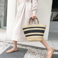 fashion bamboo handle handbags women casual striped bucket bag large capacity rattan straw bags wicker summer beach travel purse