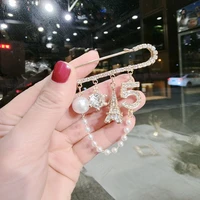 luxury pearl 5 eiffel tower chain brooch crystal full rhinestone pins brooches hijab pin party wedding woman gift