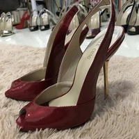 women stiletto thin iron high heel sandals sexy sling back peep toe burgundy patent party bridal ball lady shoe 3845 g6