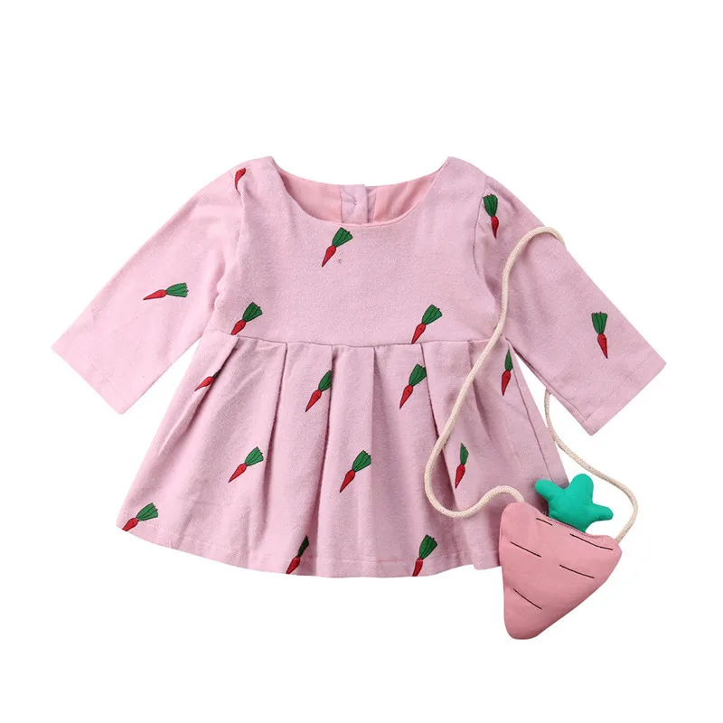 Toddler Children Baby Girls Dress Carrot Print Long Sleeve Autumn Round Neck Princess Party Dresses Girl Clothing Cute Cotton | Детская