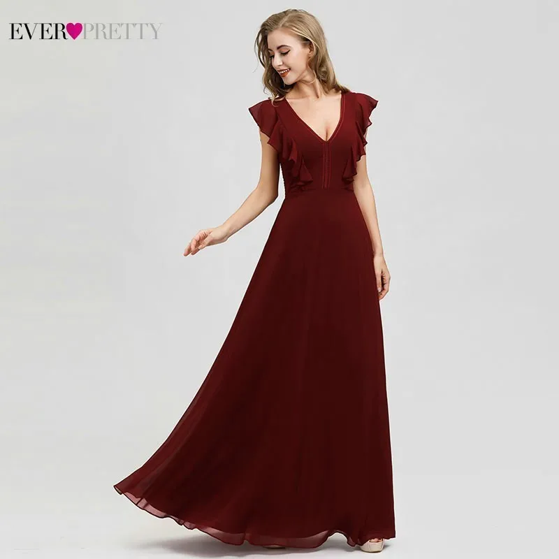 

Ever Pretty Burgundy Bridesmaid Dresses A-Line V-Neck Ruffles Elegant Wedding Guest Dresses EP07902BD Vestidos Fiesta Boda 2020