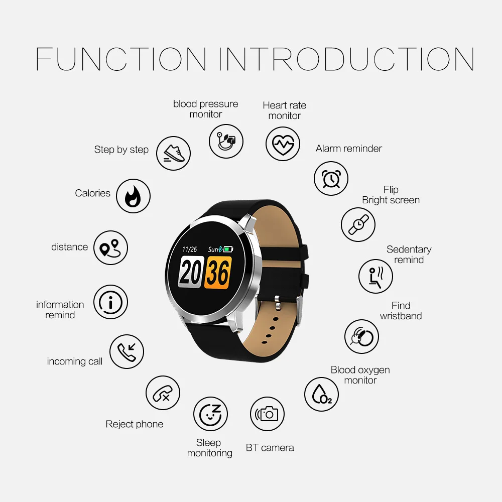 

SMARCENT Q8 Smartwatch Smart OLED Color Screen Watch IP67 Waterproof Sport Fitness Blood Pressure Heart Rate Wearable Devices