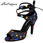 Женские атласные танцевальные туфли Ladingwu, современные туфли с цветочным принтом для сальсы, простые Стильные туфли для латинских танцев, танцевальные туфли с мягкой подошвой