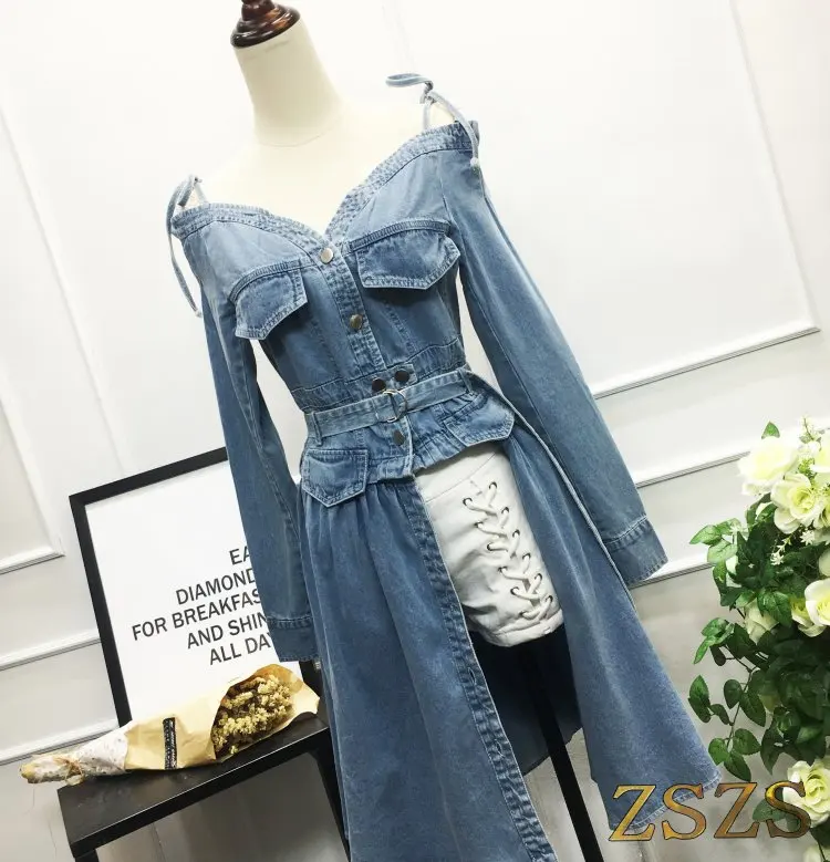 Женское джинсовое платье с поясом длинным рукавом и открытыми плечами|vestido off|dress