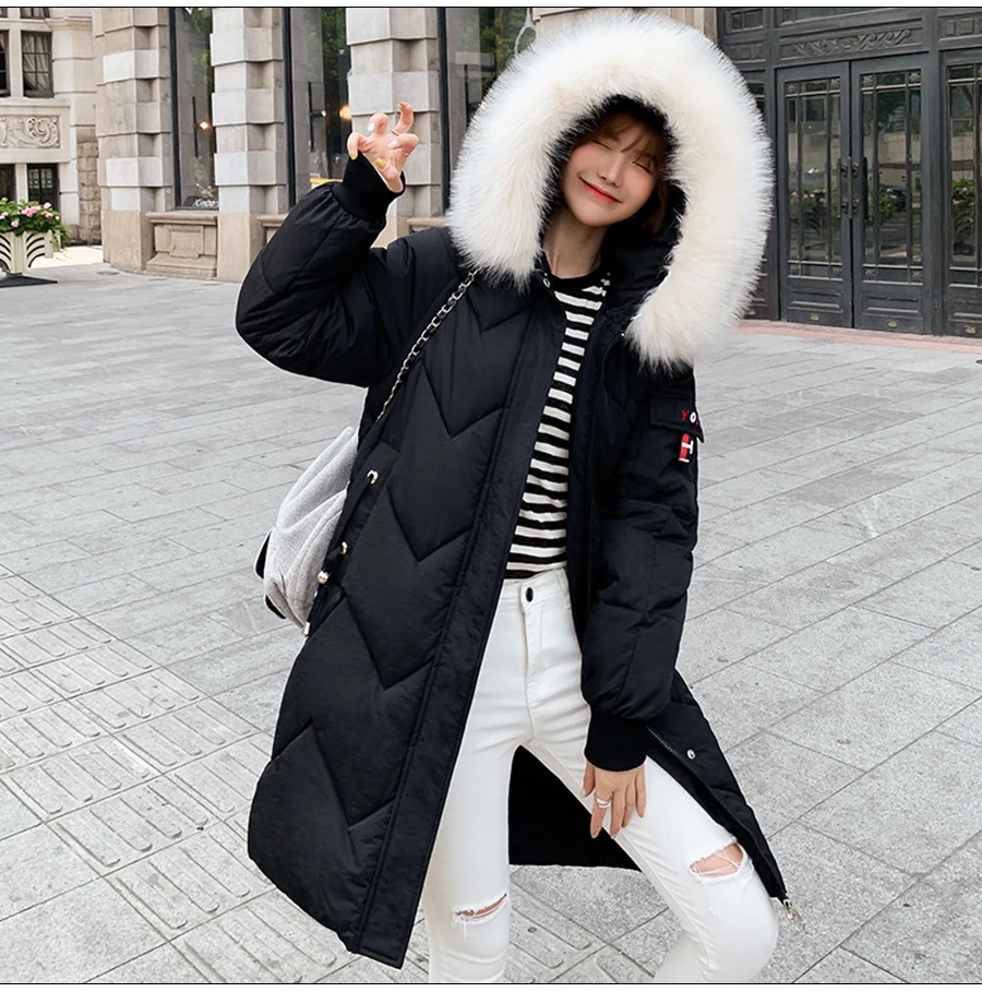 Женское пальто негабаритных Harajuku Parkas длинные пуховые теплые куртки с хлопковой подкладкой зимняя одежда длинный рукав с карманом пушистые парки