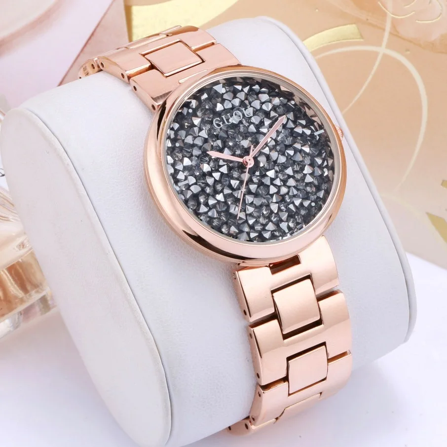 2018 Guou часы класса Люкс полная Алмазная Циферблат Женские кварцевые модные
