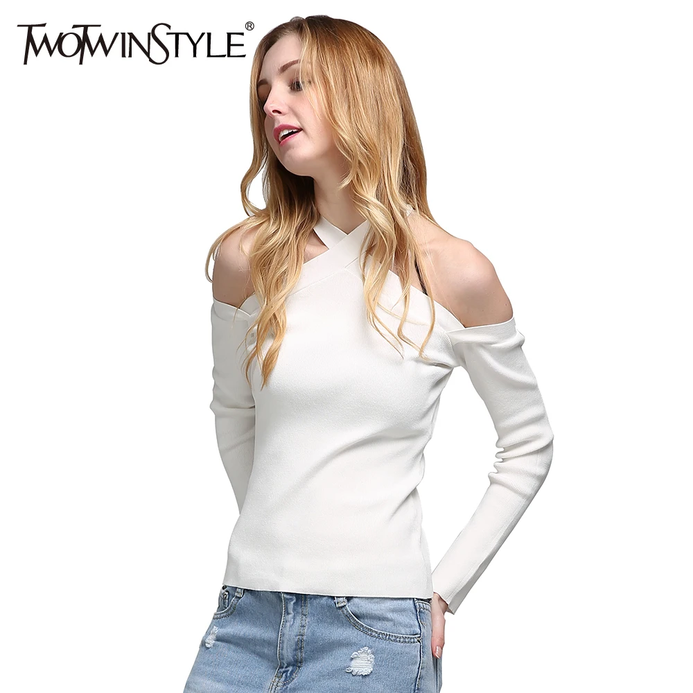 TWOTWINSTYLE, с открытыми плечами, сексуальная трикотажная женская футболка, Холтер, v-образный вырез, вязаные топы, с длинным рукавом, черная, белая одежда, Корейская