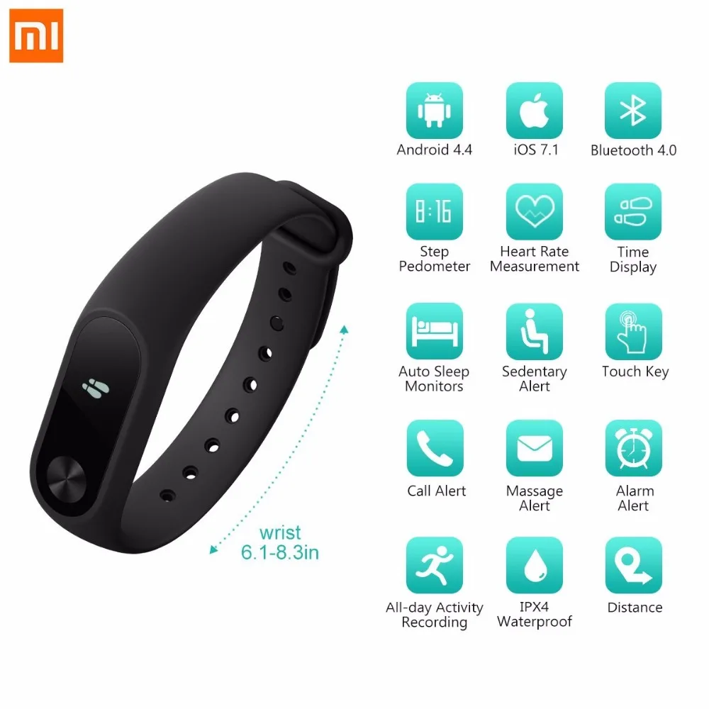 Original Xiaomi Band 2 Smart Wristband mi band Bracelet OLED Touch Screen Heart Rate Fitness Tracker IP67 Bluetooth 4.0 | Электроника