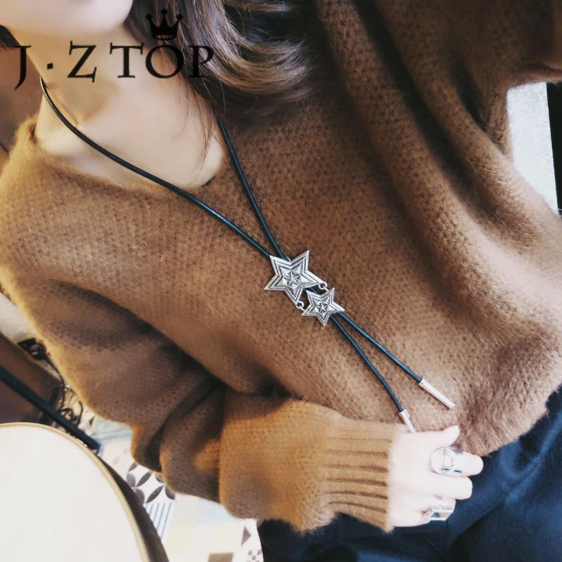 JZTOP винтажное ожерелье с кисточкой в виде звезды женская черная кожа