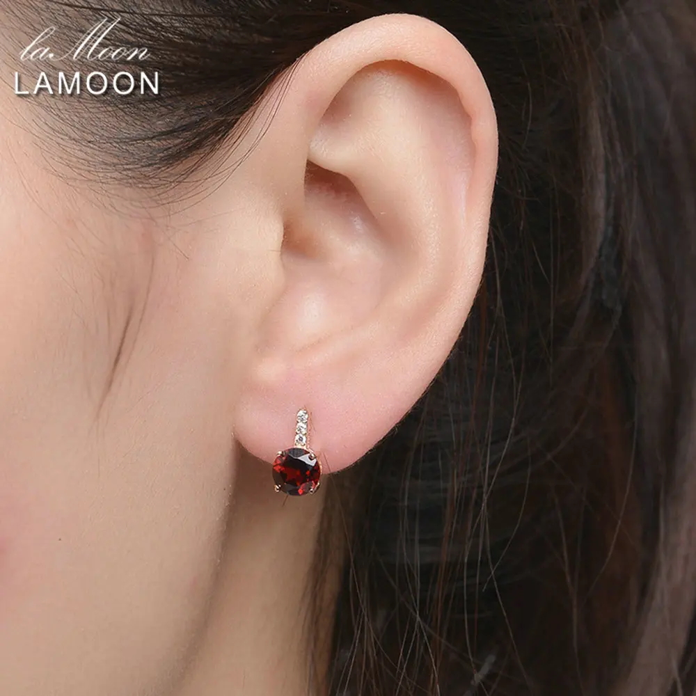 LAMOON Earring Trendy 2ct Natural Red Garnet 925 Sterling Silver Fine Jewelry Stud Earrings For Women Kaffa ChALkeR New | Украшения и