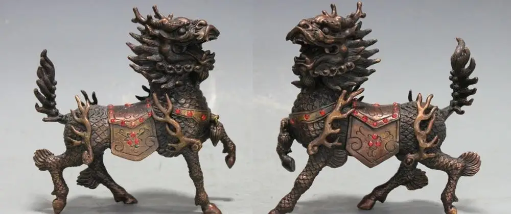 

China Fengshui Bronze Copper Foo Dog Lion brave troops Dragon kylin Statue Pair